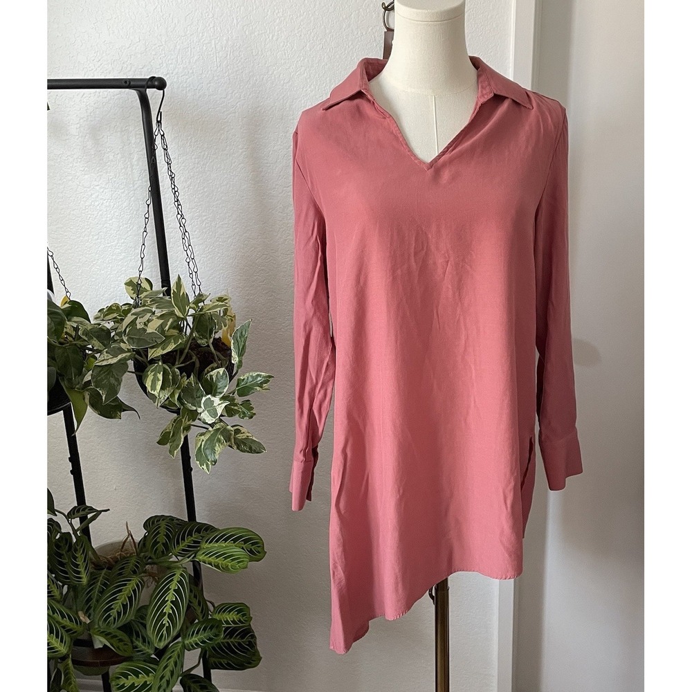 Soft Surroundings Tunic Blouse Small Pink Asymmetrical Hem Split Cuff Lagenlook
